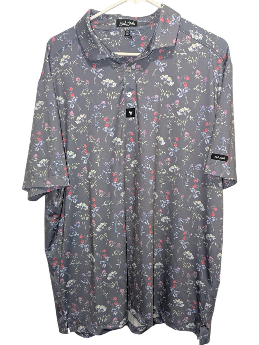 Bad Birdie Polo Shirt Mens 2XL Gray Floral Strawberry Golf Performance Stretch